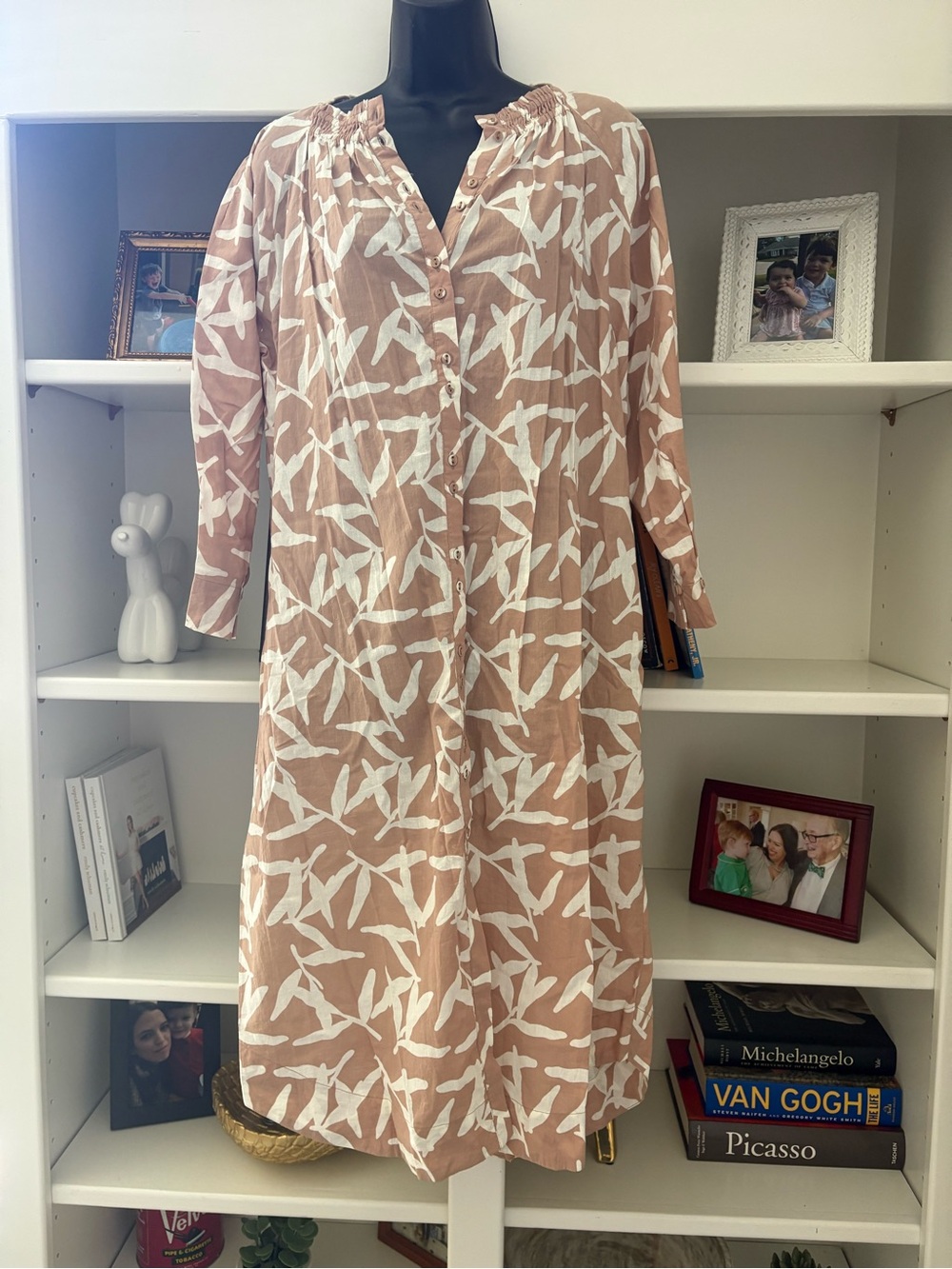 Mauve Tan Bird-Print Button-Front Midi Dress